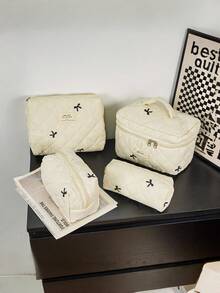 1Pc Quilted Bow Embroidered Cosmetic Bag, Lightweight Fluffy Zipper Travel Toiletry Pouch, Multi-Purpose Storage Case For Makeup, Tampons & Sanitary Pads, Portable Organizer For Daily School & Travel Use, Back To School Supplies - Beige - View 7