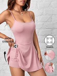 SHEIN PETITE 女款細肩帶A字下擺純色可收納運動休閒日常防走光連身寬褲 - 粉色 - 查看 4