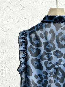 SHEIN Franclia Kemeja Tanpa Lengan Chiffon Motif Leopard Vintage, Musim Panas - Biru - View 3