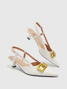 CUCCOO BIZCHIC Pointed Toe Chain Decor Closed Toe Kitten Heel Pumps, Formal Work Shoes For Women For Christmas Valentine's Day Spring Shoes - Chantilly - View 7