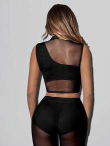 SHEIN ICON 女款網格拼接休閒透視日常穿著上衣 - 黑色 - 查看 2