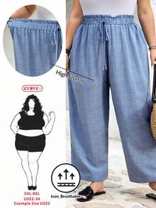 SHEIN CURVE+ CURVE PLUS 女款藍色抽繩高腰休閒錐腳長褲，彈性腰頭，適合度假、音樂祭、海邊度假、波希米亞風、鄉村風、牛仔風，適合夏季穿著，女教師穿搭，US22大尺碼 - 藍色 - 查看 9