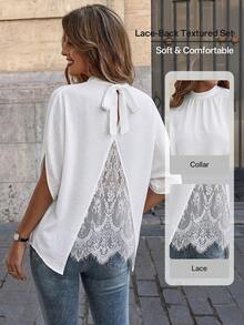 Isle Nomé White Lace Patchwork Backless Tie-Neck Batwing Sleeve Blouse, Casual Loose Sheer Top For Daily & Weekend Wear - White - View 5
