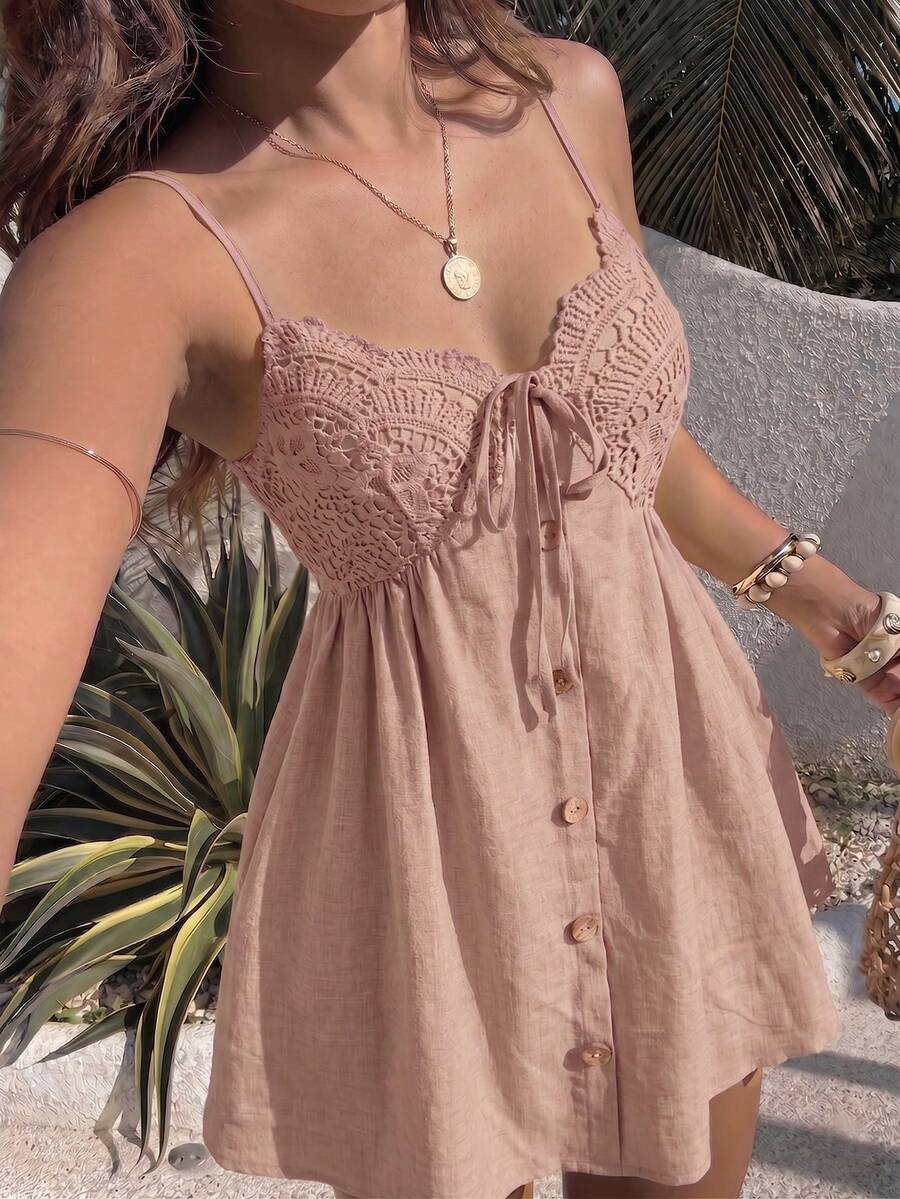 SHEIN PariChic 女款蕾絲拼接細肩帶夏季沙灘洋裝,休閒度假穿搭,俏皮A字領蝴蝶結短洋裝,適合日常穿著、約會與外出 - 藕粉色 - 查看 1