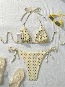 Swim Mod 夏季海灘淡黃色波點掛脖式女款比基尼泳衣套裝 - 鵝黃色 - 查看 2