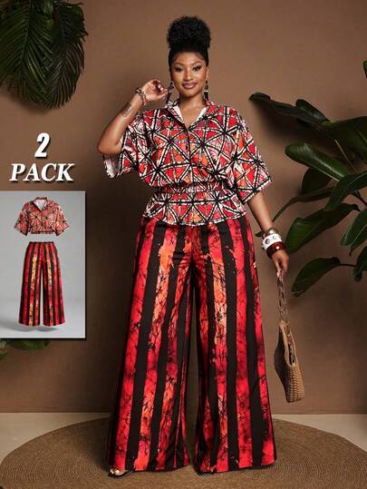 Maweii Women's Plus Size Casual Design Colorblock Abstract Print Dolman Sleeve Button Front Shirt And Elastic Waist Wide Leg Long Pants With Side Pockets Set, Fashionable Versatile For Outings, Parties, Gatherings, Night Dates, Romantic Dates