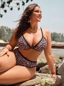 Slaydiva Set Bikini Wanita 2 Potong Motif Leopard Acak dengan Trim Hitam, Ukuran Plus Musim Semi/Panas Terbaru 2026, Cocok untuk Pantai dan Liburan Musim Panas - MultiWarna - View 4
