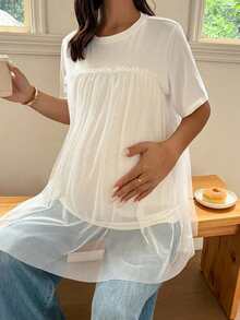 Dazy Maternity 圓領對比網格設計 2 合 1 短袖寬鬆版型白色孕婦 T 恤 春夏秋季適用 嬰兒洗禮會 正式休閒優雅 - 白色 - 查看 5