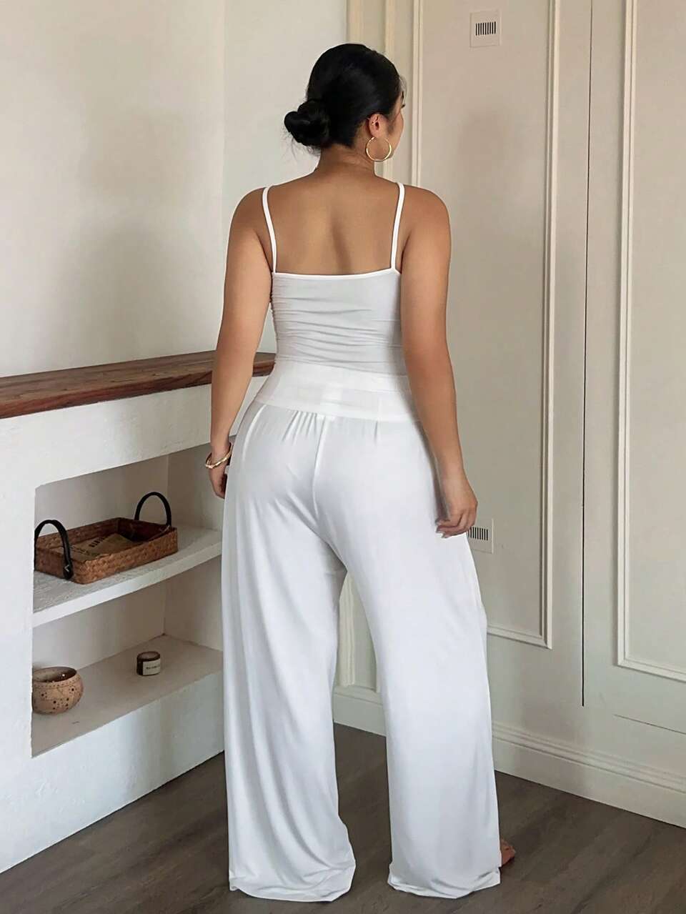Dazy Plus Solid Color Casual Slim Fit Camisole Loose Long Pants Loungewear White Spring Summer Pajama Set