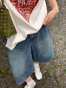 Dazy Plus Vintage Traditional Denim Washed Distressed Loose Straight Leg Casual Cropped Jeans Plus Size Women Autumn Formal Graduation Blue - Dark Wash - View 4