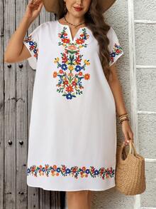 EMERY ROSE Women's Plus Size Floral Print Short Sleeve White Dress Summer Dress ,Beach Outfits For Women Casual Dresses For Women  Country Concert Outfit - White - View 3