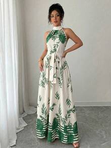 Rafferiza Abito elegante da donna stile vacanza con scollo all'americana, stampa di foglie di palma color albicocca, senza maniche, schiena scoperta, con laccio, abito lungo estivo, abito da spiaggia per vacanze - Verde Scuro - Visualizzare 6