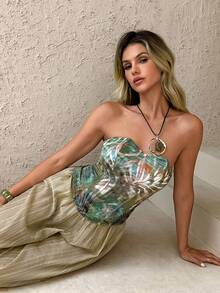 Privoire Tropical Print Bandeau Corset Top Vacation Holiday Green Summer Sexy - Multicolor - View 1