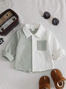 SHEIN Vintaside Kids 男嬰休閒百搭翻領前開扣左胸口袋長袖上衣多件組 - 綠色 - 查看 1