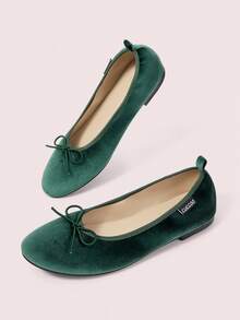 CUCCOO DOLLMOD Women's Shoes, Dark Green, Velvet Texture, Bow-Decorated Round Toe Ballet Flats, Sweet, Cute, Comfortable And Versatile. - Dark Green - View 3