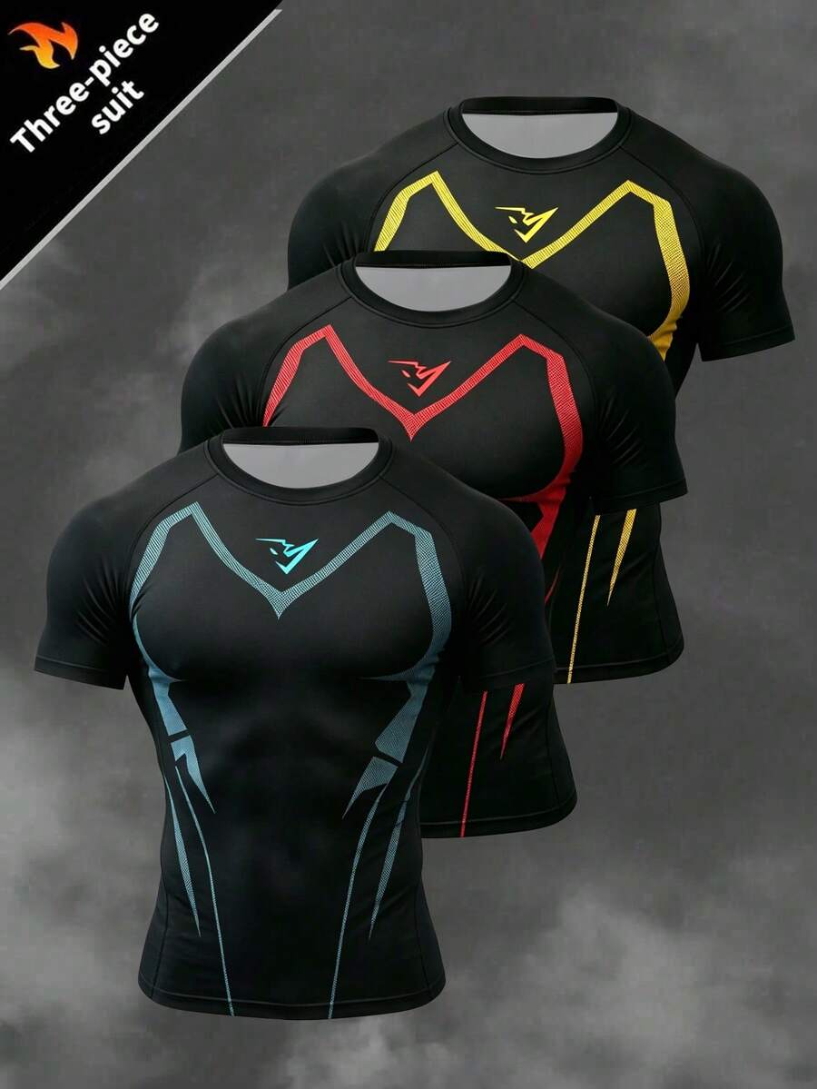 Gym Rark Herren bedrucktes Kontrastfarben Rundhals Kurzarm Sport T-Shirt 3er/Set, Fitness - Verschiedenfarbig - Übersicht 1