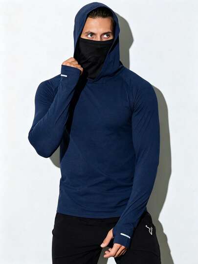 Coreblaze Boyfriend Style Men's Solid Color Hooded Finger Sleeve Leisure Sports Sweatshirt Boyfriend Style Men Sweatshirt Balaclava Hoodieninja Hoodiemaskert Active Wearturtle Neck Top Menturtle Neck Long Sleeve Men