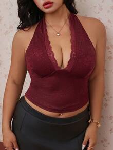 CovetEZ Spring/Summer New Burgundy Lace Sexy Minimalist Sexy Spaghetti Strap V-Neck Plus Size Camisole Cruise - Burgundy - View 4