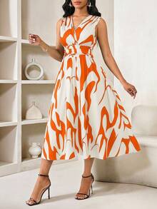 SHEIN Lady 女士休闲无袖中长连衣裙，印花图案，橙色 - 橘色 - 查看 4