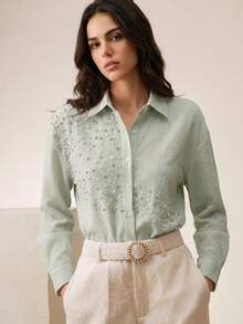 Anewsta Elegante Damen Bluse mit grünen Streifen, Perlen und Strass, vielseitig einsetzbar für Hochzeit, Party, Feiertagsoutfits - Minzgrün - Übersicht 6