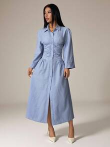 SHEIN PETITE 女款端莊時尚新款亞麻長洋裝，開衩壓褶腰部A字裙，優雅長洋裝，女款度假陽光洋裝，仿亞麻飄逸長洋裝，女款條紋喇叭袖單排扣腰部抓皺休閒襯衫洋裝 春季 - 藍色 - 查看 4