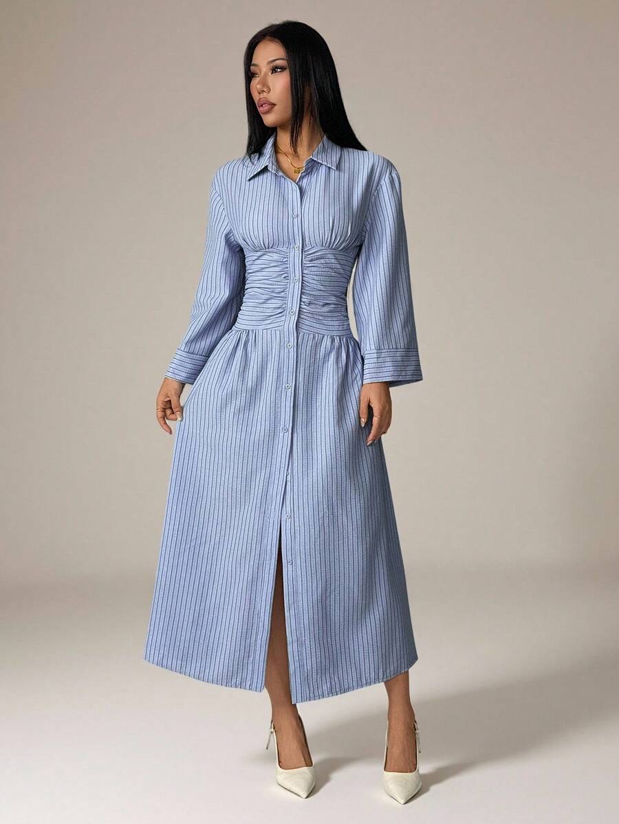 SHEIN PETITE 女款保守時尚新款亞麻長洋裝,開衩百褶腰A字長裙,優雅度假陽光長洋裝,仿亞麻垂墜長裙,條紋喇叭袖單排扣收腰休閒襯衫洋裝,適合小個女版,春季穿著 - 藍色 - 查看 1