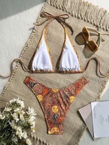 Swim Mod 女款夏季海灘全印花掛脖綁帶比基尼上衣與三角褲兩件式泳衣套裝 - 彩色 - 查看 3