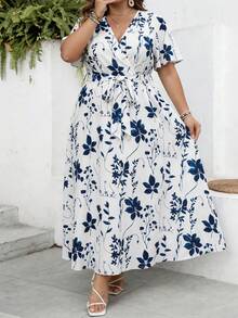 SHEIN CURVE+ White Summer Boho Plus Size Floral Pattern Drawstring Dress,A-Line Loose Flowy Sun Dresses For Women,Holiday Bachelorette Party Tea Party Dress - Multicolor - View 4