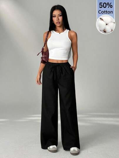SHEIN PETITE Women's Solid Color Pleated Casual Versatile Daily Travel Long Pants