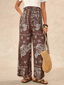 Boho Mama Pantalones largos de maternidad con patrón de anacardo, volantes y lazo en la cintura para vacaciones - Marrón - Ver 8