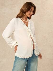 Boho Mama Comfortable Pure Maternity Shirt With Ruffle Trim And Front Tie – Autumn Fall - Apricot - View 8