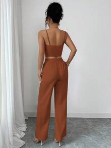 SHEIN PETITE 女款休閒性感時尚純色高腰抓皺細肩帶上衣寬腿褲套裝 外出度假 鐵鏽橘色 夏季 - 鏽棕色 - 查看 2