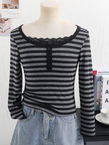 Tween Girl Sweet & Cool Style Striped Long Sleeve T-Shirt, Classic Black & Gray Stripes, Stretchy, Crewneck, Bell, Ruched, Knit - Grey - View 3