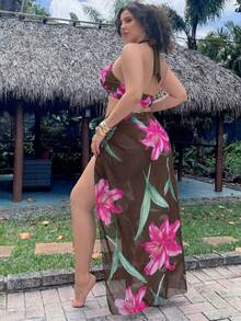 Swim Oasis 大尺碼女款 3 件式性感掛脖隨機數位印花海灘泳池休閒優雅泳裝套裝 - 摩卡棕 - 查看 6