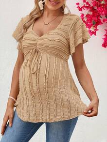 SHEIN Maternity Summer Casual Solid Color Textured T-Shirt - Brown - View 3