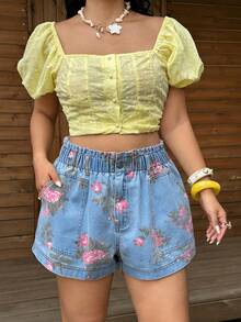 Sunnyshic Damen-Denim Shorts in großen Größen mit Blumenmuster, lässig und vielseitig für den Alltag - Helle Waschung - Übersicht 5