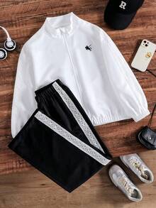 SHEIN 少女開學休閒刺繡長袖夾克 騎士款 前拉鍊輕便校園度假外套 白色/黑色 秋季 - 黑與白 - 查看 7