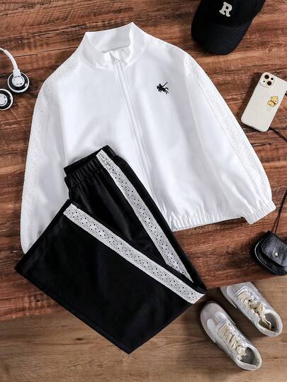 SHEIN 少女騎士圖案刺繡前開拉鍊長袖夾克與蕾絲拼接休閒長褲套裝