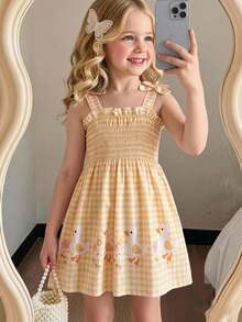 SHEIN Playful Pals 2pc Tots Baby Kid Girl Cute Chic Yellow Check Duck Bow Strap Soft Thin A-Line Dress Hat Set Sun Beach Party Cool Spring New Fun Fit Us Joy Age Cut Buy - Yellow - View 2