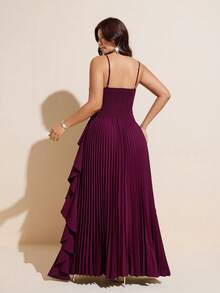 Viva Relle Plus Size Solid Color Spaghetti Strap V-Neck Pleated Evening Dress - Maroon - View 6