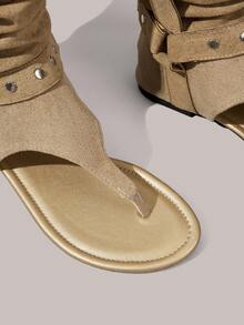 Styleloop Ladies, Fringed Spikes, Flat Cool Boots - Khaki - View 10