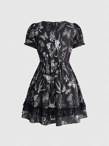 ROMWE Goth 深色哥德風女巫蕾絲拼接娃娃印花女款短版大尺碼洋裝 - 黑色 - 查看 2