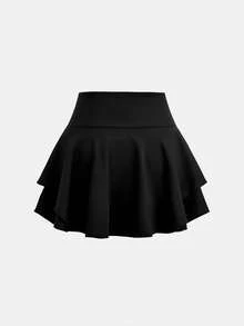 SHEIN Tween女孩運動風黑色休閒百搭裙褲 - 黑色 - View 2