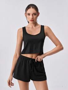 Loungeista 2pcs Casual Solid Color Camisole & Shorts Pajama Set For Women, Summer New Lightweight Homewear Outfit, Fashionable & Comfortable Camisole & Shorts - Black - View 6
