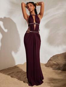 Opulessa Spring/Summer Vacation Solid Color Knit Mesh Hollow Out Halter Backless Dress For Women - Burgundy - View 3