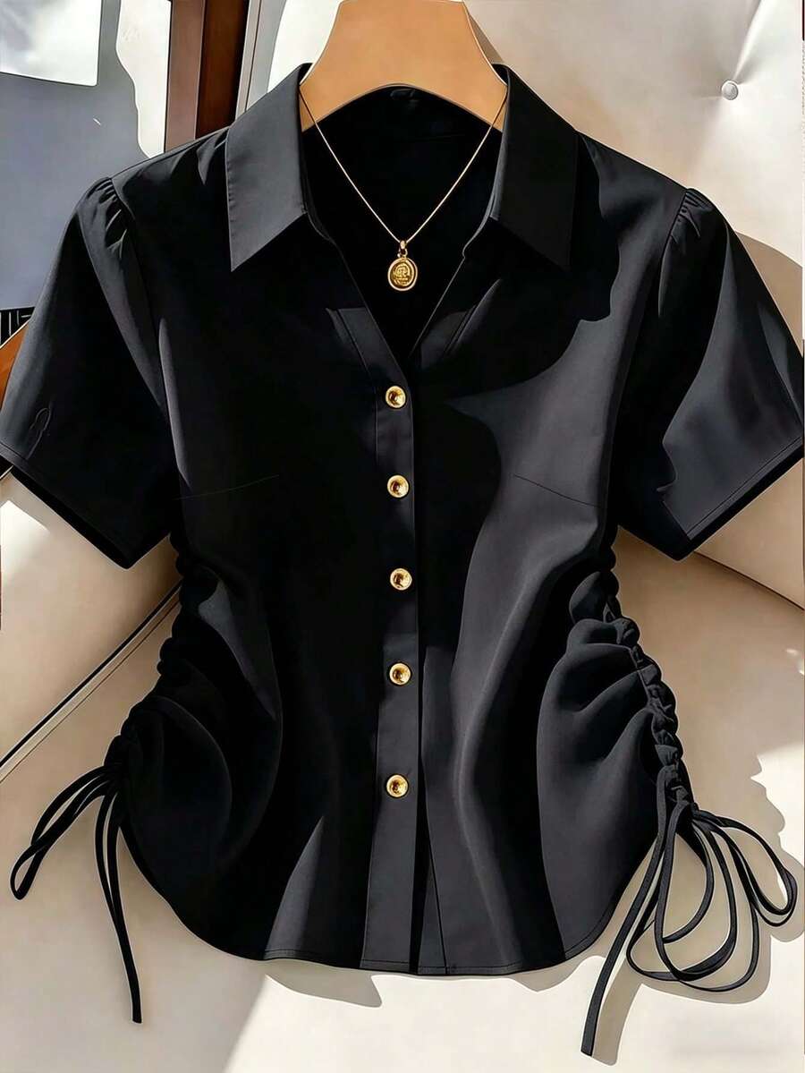 Franclia Camisa casual de verano para mujer de unicolor con cordón lateral - Negro - Ver 1