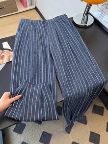 SHEIN Clasi Plus Size Women's Elegant Tapered Leg Burgundy Suit Cropped Pants, Plus Size Women's Suit Pants For Office Commute, Spring/Summer Vacation, Elegant Long Pants, Graduation, Holiday, Valentine's Day, Music Festival, Mother's Day, Halloween, Thanksgiving, Easter, National Day, Ball, Date Party, Wedding Season, Outing, Etc. - Blue - View 3