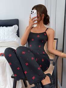 SHEIN 女款休閒性感蝴蝶結印花套裝 - 黑色 - 查看 6