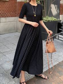 FRIFUL 女款圓領短袖波點印花休閒長洋裝 夏季 - 黑色 - 查看 8