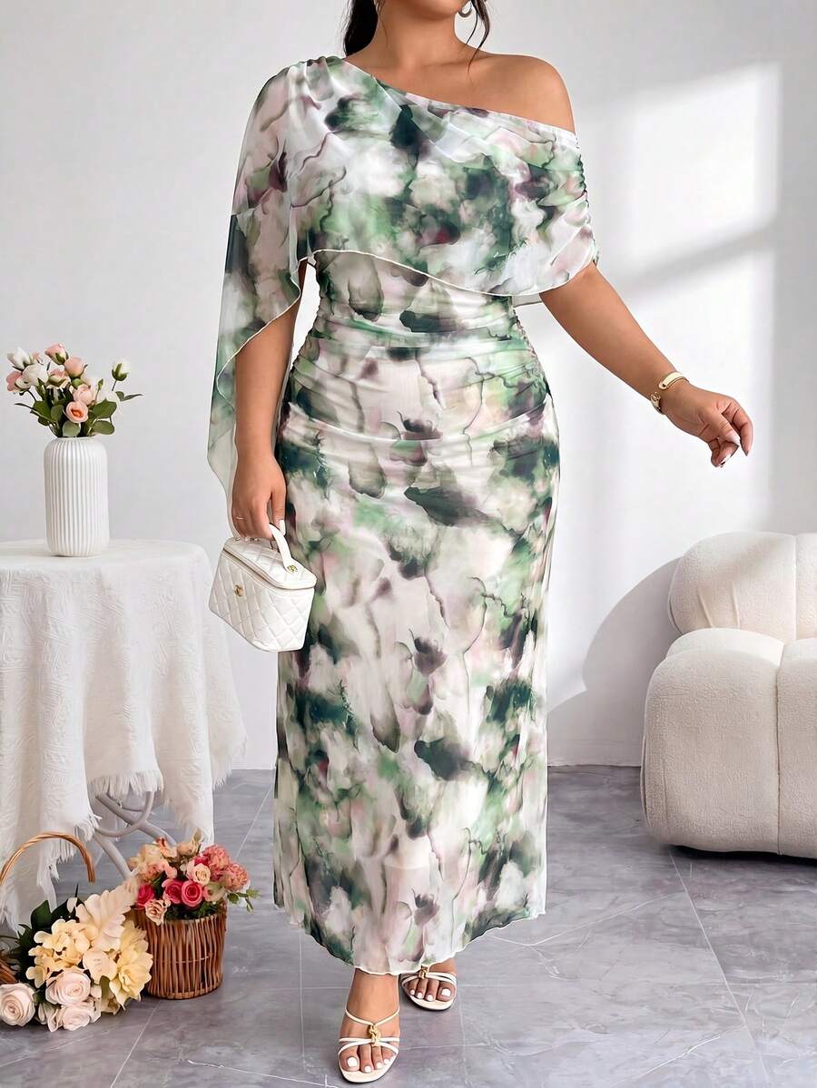 Modelyn 大尺碼夏季優雅紮染印花不對稱領口洋裝 - 綠色 - 查看 1
